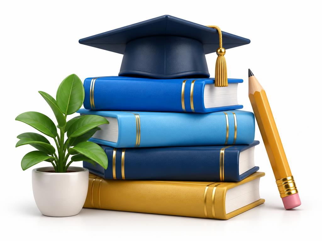 Ilustración de libros azules y dorados con un birrete de graduación
