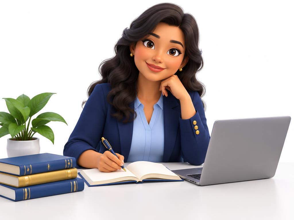 Ilustración de una docente preparando sus clases con libros y computadora